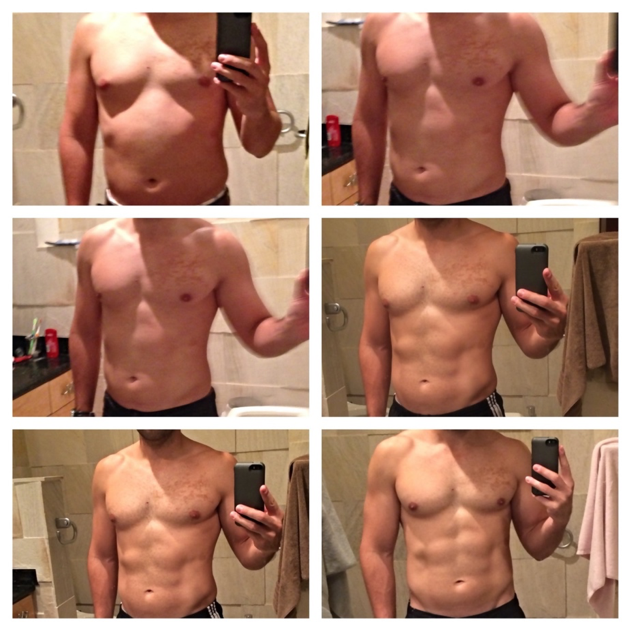 Six photos of the author showing body composition progression.